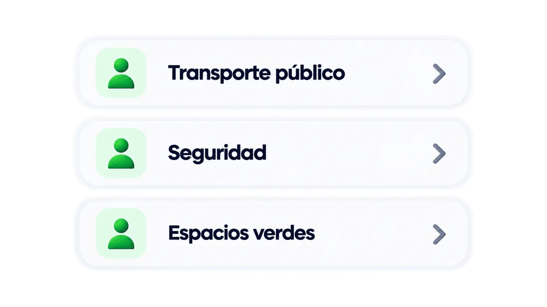 Propuestas y temas: Transporte público, Seguridad, Espacios verdes
